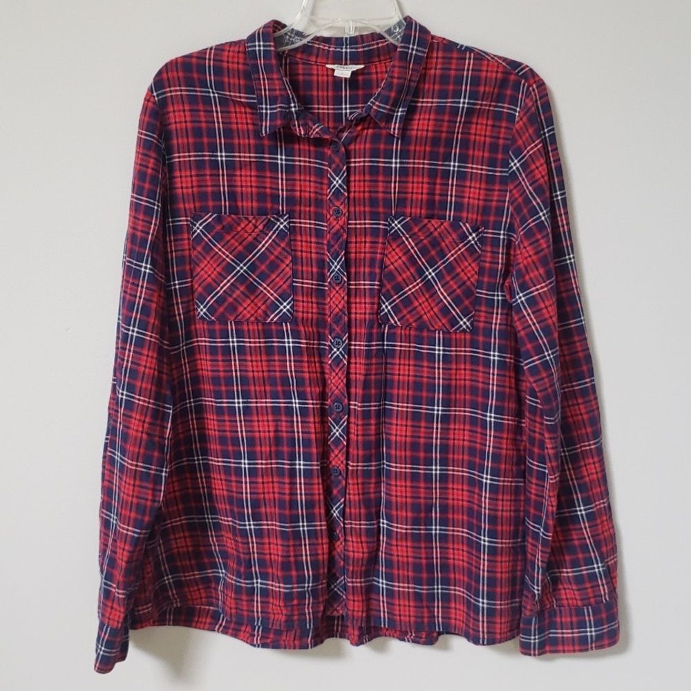Fossil Flannel Blouse Womens L Plaid Ruffle Peplum Roll Tab Sleeve Office Casual